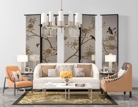  现代沙发 双人布艺沙发  单椅  台灯 吊灯  屏风 摆件3d模型 