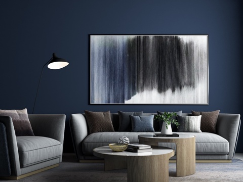  后现代组合沙发 圆茶几 单人沙发 落地灯 挂画 绿植 布3d模型 