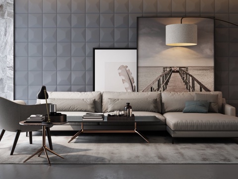  现代沙发茶几组合 挂画 吊灯 地毯 墙板3d模型 