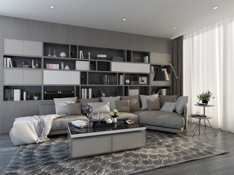  北欧沙发 书柜 窗帘 植物3d模型 