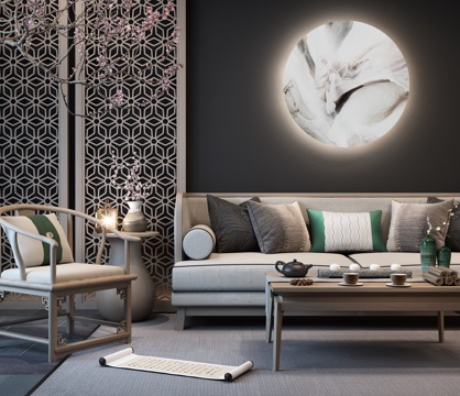  禅意中式沙发 茶几 装饰品3d模型 