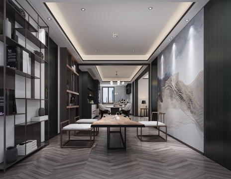  新中式茶室 新中茶桌 新中挂画  黑白书架 装饰书架3d模型 