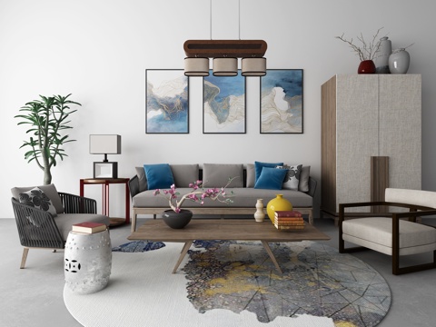  新中式沙发茶几 吊灯 衣柜组合3D模型3d模型 