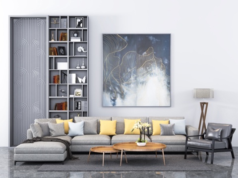  现代转角沙发  抱枕 挂画 屏风 置物架 落地灯 单椅3d模型 