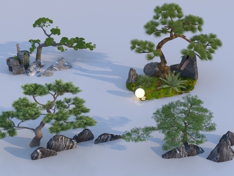  新中式置石罗汉松3d模型 