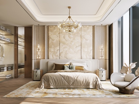  轻奢意式主卧  飘窗卧室 现代轻奢卧室 主卧3d模型 