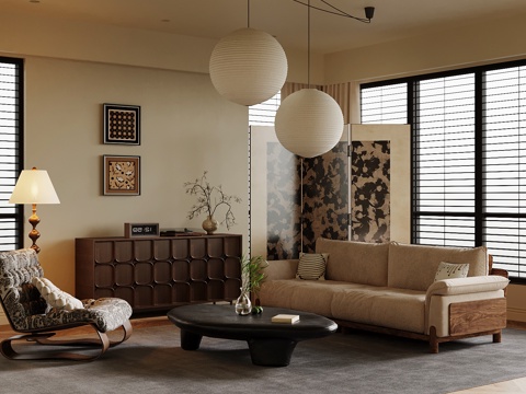  中古风客厅沙发茶几组合 边柜屏风3d模型 