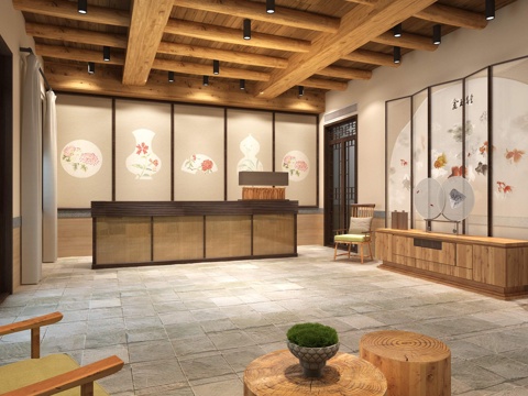  新中式客栈 前台 屏风 背景墙 沙发 台灯3d模型 