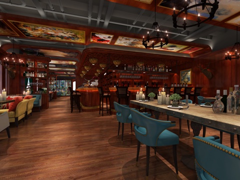  欧式古典西餐厅 餐桌椅 吊灯 吧台3d模型 