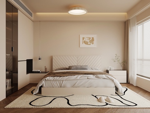  现代奶油风卧室 衣柜 双人床3d模型 