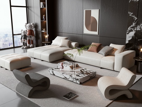  现代沙发茶几组合 组合沙发 茶几 摆件 落地灯 盆栽 墙饰3d模型 