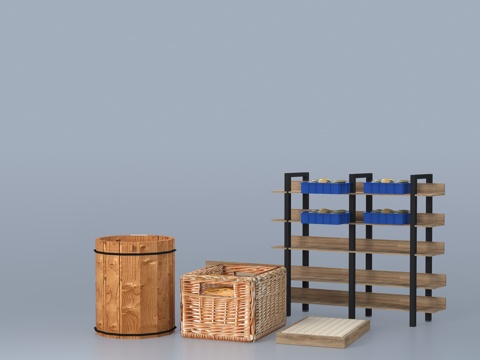  传统中式厨房用品 木桶 豆腐 竹篮3d模型 