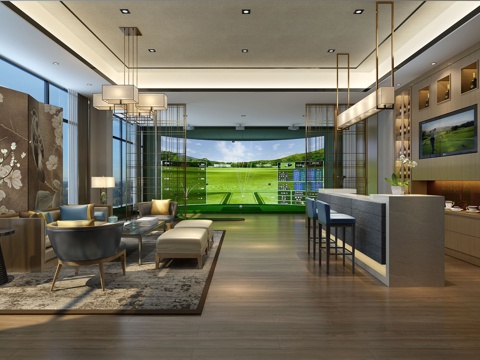  酒店大堂-休息区-新中式沙发茶几组合-中式吊灯3d模型 