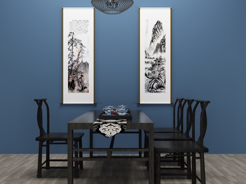  新中式餐桌 椅子 装饰画 吊灯3d模型 