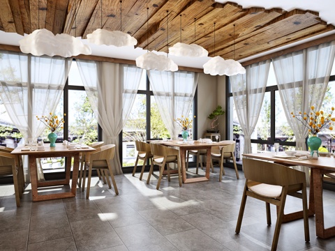  现代休闲西餐厅 餐桌椅 餐具 盆景 花艺3d模型 