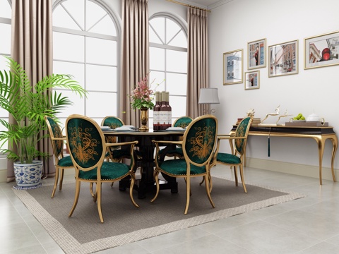  美式餐桌椅 餐边柜组合 绿植组合模型3d模型 