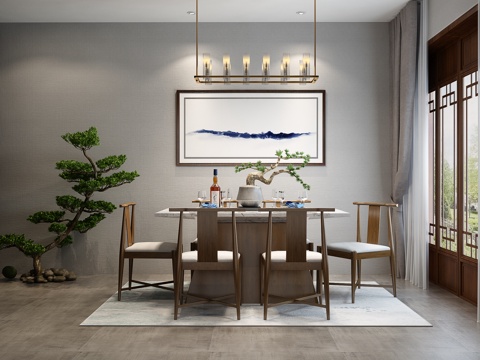  新中式餐桌椅 盆栽 挂画组合3d模型 