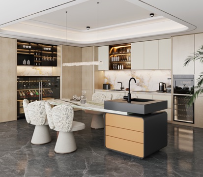  现代轻奢开放式餐厅 意式轻奢岛台餐厅  岛台餐桌椅3d模型 