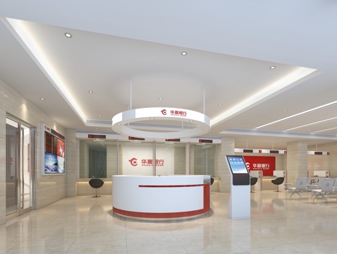  现代银行营业厅 华夏银行标识 公共排椅 接待台  取号机3d模型 