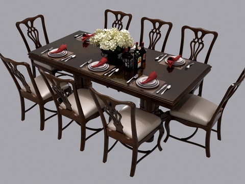  美式餐桌椅 八人位餐桌椅 中式餐桌椅3d模型 