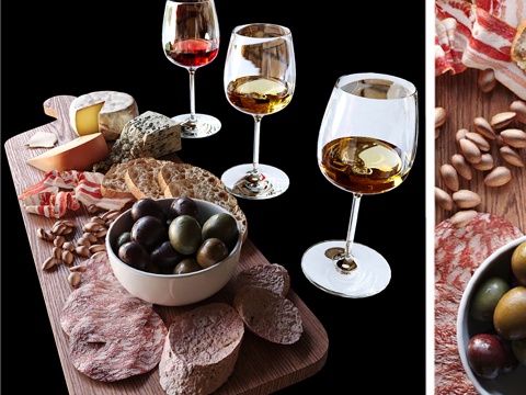  托盘食物红酒3d模型 