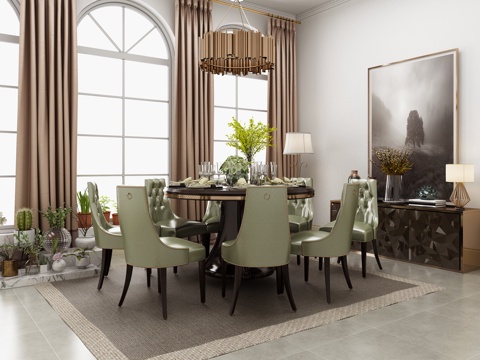  现代餐桌椅 餐边柜 绿植 吊灯组合3d模型 