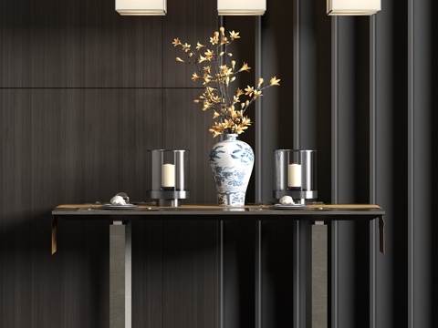  新中式实木餐桌饰品吊灯组合3d模型 