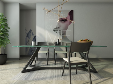  现代餐桌椅组合 餐厅吊灯 挂画 玻璃台面3d模型 