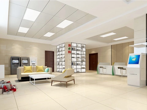  现代银行大厅 柜台 沙发 柜员机 提款机3d模型 