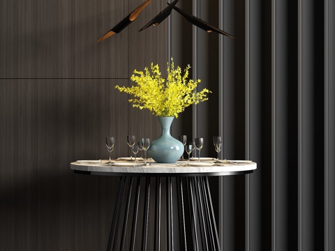  现代金属大理石餐桌吊灯餐具饰品组合3d模型 