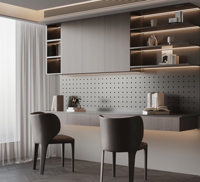  现代意式书桌椅 壁挂式书柜3d模型 