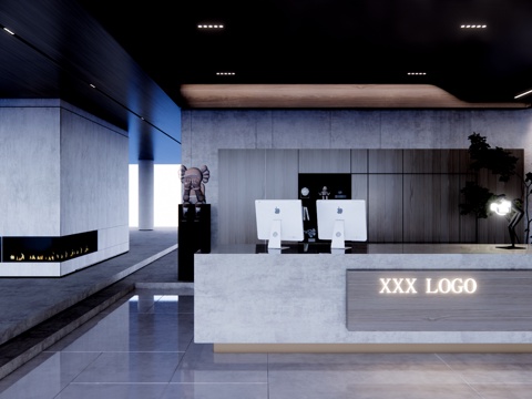  前台 工位 办公室 酒店前台 展厅 电脑su模型 