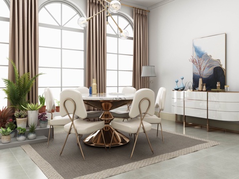  现代餐桌椅 餐边柜 绿植组合模型3d模型 