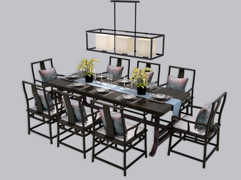  中式餐桌椅 中式吊灯 八人位餐桌椅3d模型 