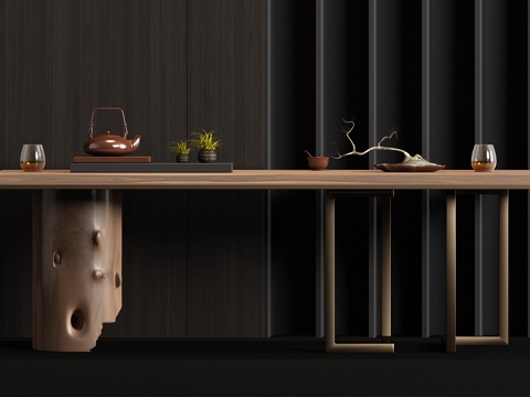  新中式实木茶桌餐具饰品组合3d模型 