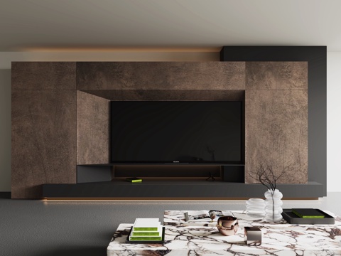  现代客厅电视背景墙 金属 电视 茶几 饰品摆件su模型 