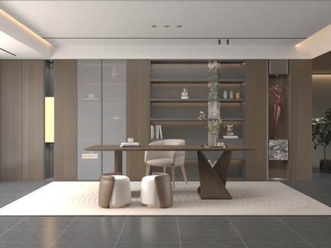  现代书房 实木书桌 背景墙书柜3d模型 