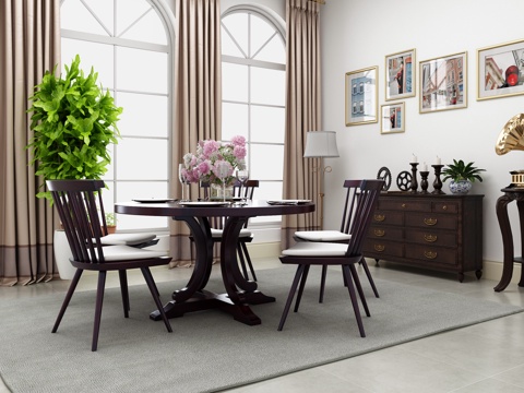  美式餐桌椅 餐边柜 喇叭唱片机 组合模型3d模型 