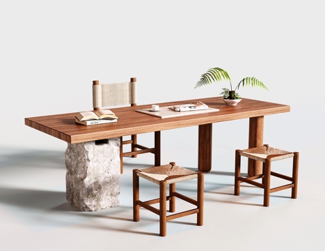  中古书桌椅 实木石头书桌 茶桌茶台3d模型 