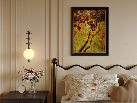  法式主卧床挂画吊灯组合3d模型 