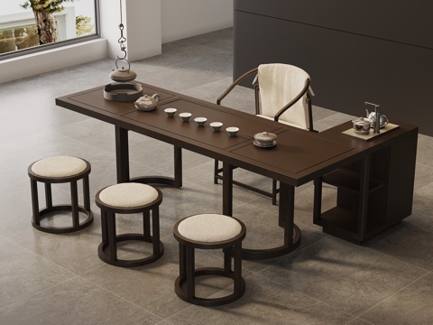  新中式茶桌椅 实木茶桌3d模型 