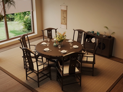  新中式餐桌椅 实木圆桌3d模型 