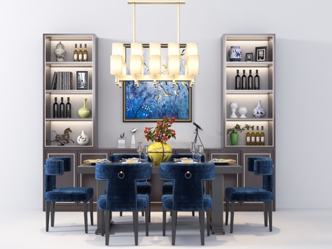  现代酒柜餐桌椅 吊灯桌花摆件饰品组合3d模型 