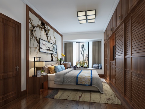  新中式主卧室 吸顶灯 双人床 台灯 挂画 飘窗3d模型 