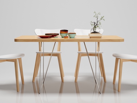  北欧原木餐桌椅子摆件组合3d模型 