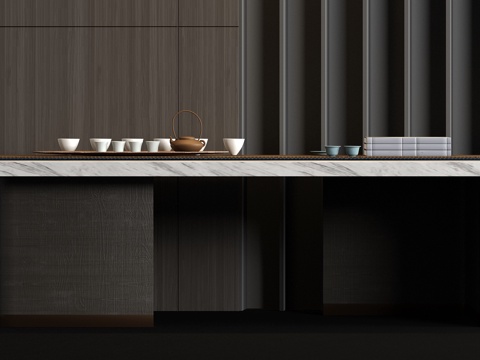  新中式实木大理石茶桌茶具饰品组合3d模型 