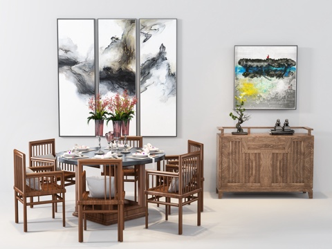  新中式餐桌椅 圆形餐桌椅 挂画 边柜 桌花摆件3d模型 