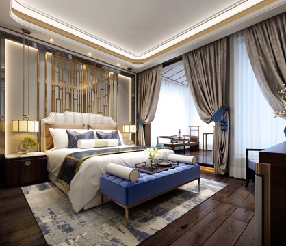  新中式卧室 吊灯 双人床 床尾凳 台灯 装饰柜3d模型 