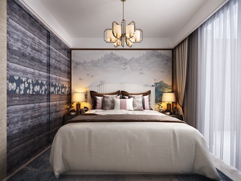  新中式家居主卧 吊灯 背景墙 双人床 台灯3d模型 