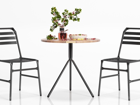  工业风休闲餐桌椅子食物摆件组合3d模型 